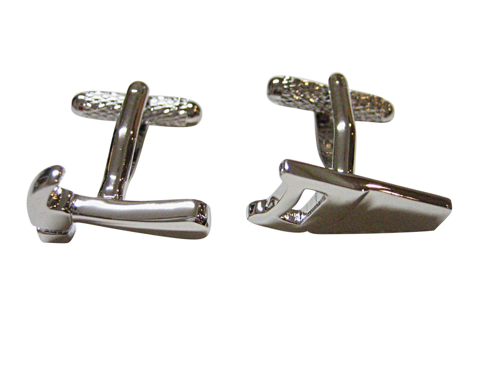 Kiola Designs Silver-Toned Hammer and Saw Cufflinks for Men - Perfect for Construction Workers, Carpenters & DIY Enthusiasts - Unique Handmade Gift for Weddings, Prom & Formal Events