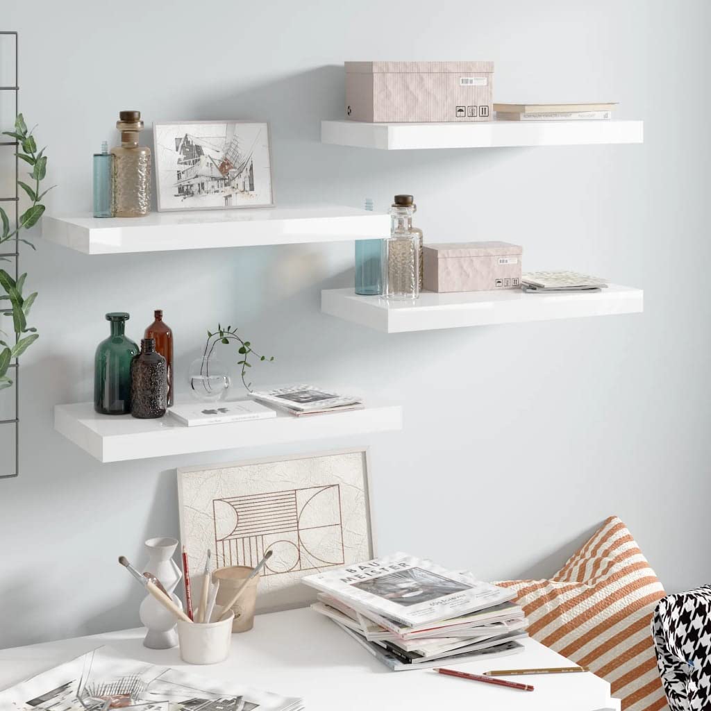 Floating Shelves Set of 4 - White High Gloss Wall Mounted Shelves with Invisible Brackets for Bedroom, Bathroom, Living Room, Entryway & Hallway - Perfect for Books, Plants & Home Decor (19.7
