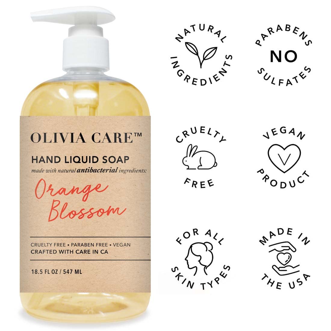 Olivia Care Antibacterial Hand Soap with Sage, Tea Tree Oil & Orange Blossom | Moisturizing & Germ-Fighting Hand Wash for Kitchen & Bathroom | 18.5 fl oz | Perfect for Daily Hygiene, Food Prep & Guest Bathrooms