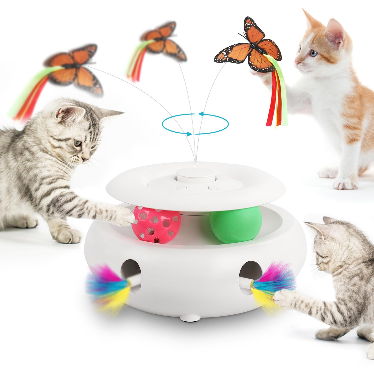 Interactive Cat Toys for Indoor Cats - 3-in-1 USB Rechargeable Electric Kitten Toy with Ambush Feather, Fluttering Butterfly & Track Balls - Exercise & Play for Active Cats - Perfect for Playtime, Training & Bonding with Your Feline Friend