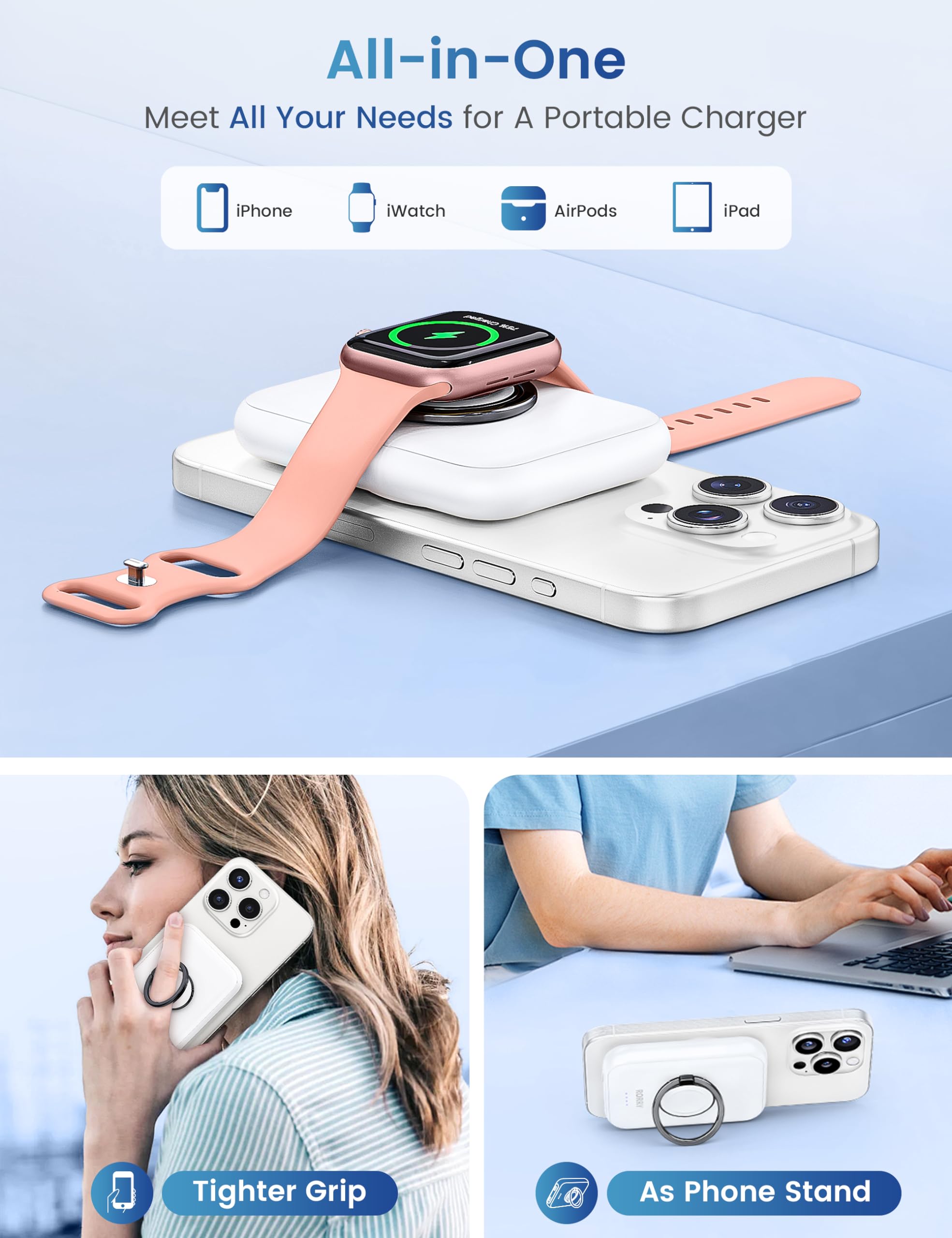 RORRY Magnetic Wireless Portable Charger 5000mAh - Magsafe Power Bank Compatible with iPhone & Apple Watch, Fast Charging Battery Pack with Finger Ring (White) - Perfect for Travel, Work & Outdoor Activities