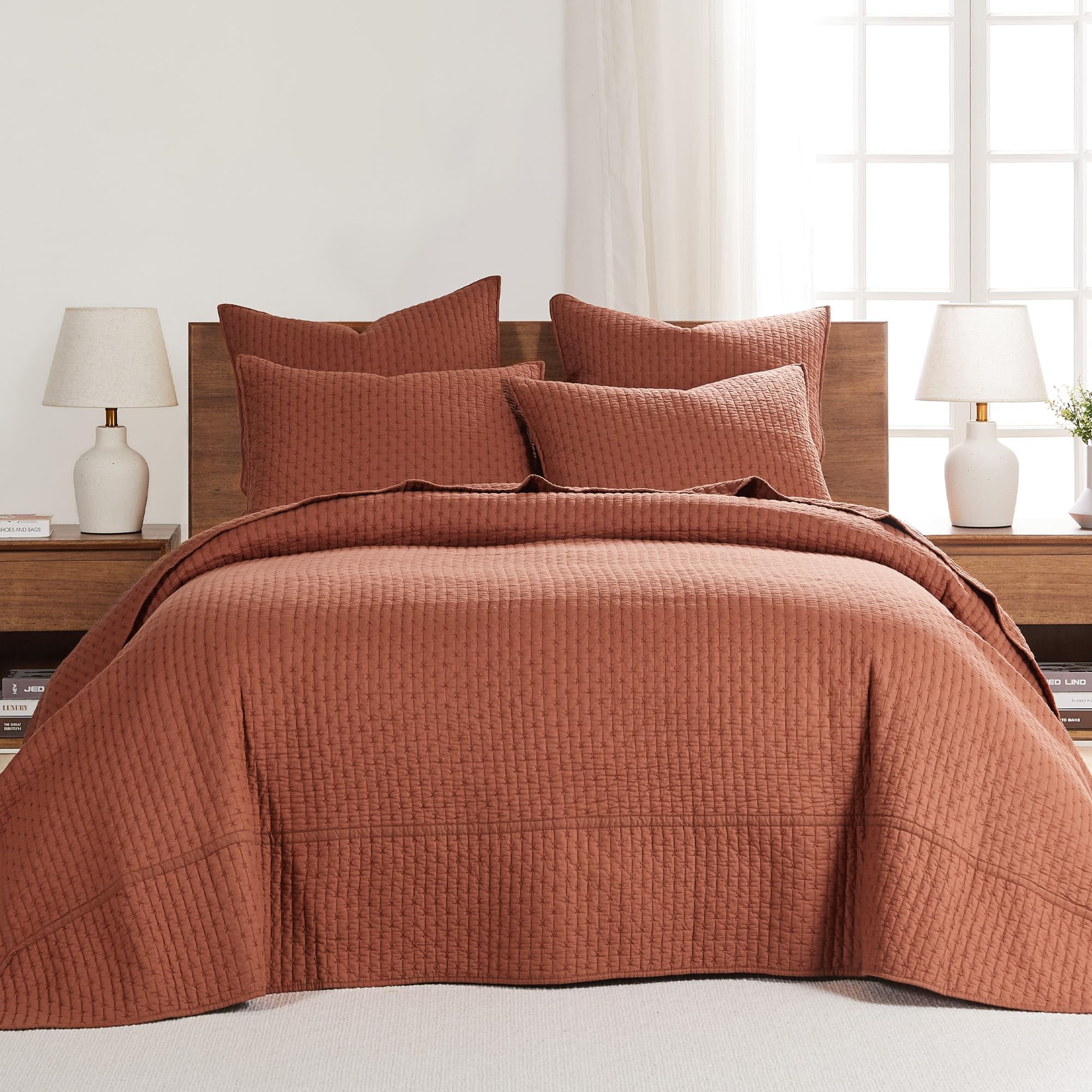 Levtex Home King Size Cross Stitch Adobe Quilted Bedspread Set with 2 Shams - 120x104 Inch Cotton Bed Cover - Perfect for Master Bedroom, Guest Room & Farmhouse Decor