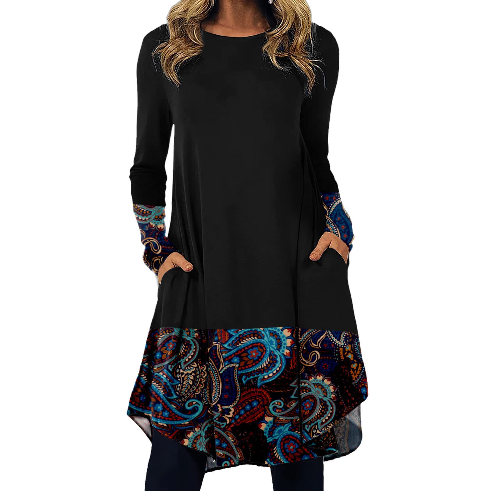 BIBOKAOKE Women's Western Boho Dress - Ethnic Style Casual Midi Dress with Long Sleeves & Asymmetrical Hem | Perfect for Music Festivals, Beach Vacations & Boho Chic Outfits