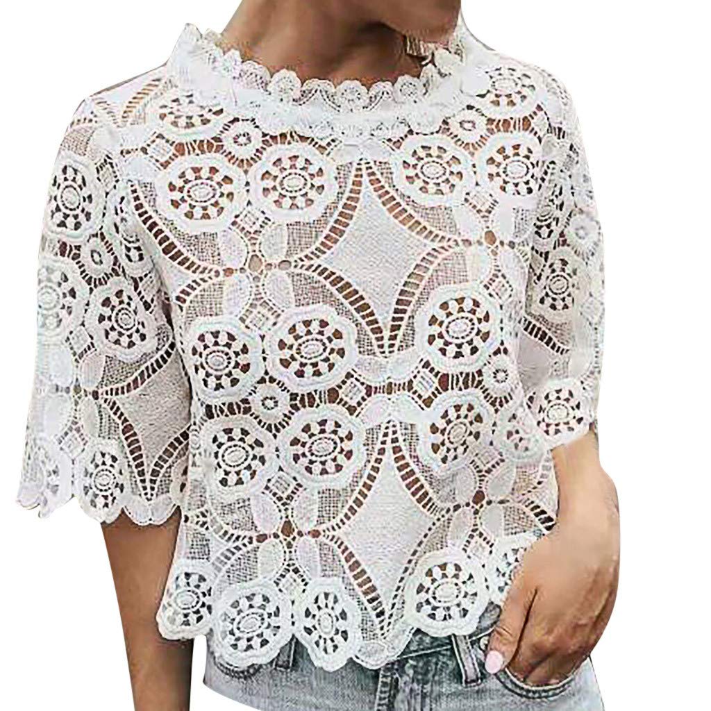 Women's Casual Summer Tops - Half Sleeve Hollow Out Lace Blouse with Collar | Fashionable T-Shirt for Daily Wear, Office & Date Night Outfits
