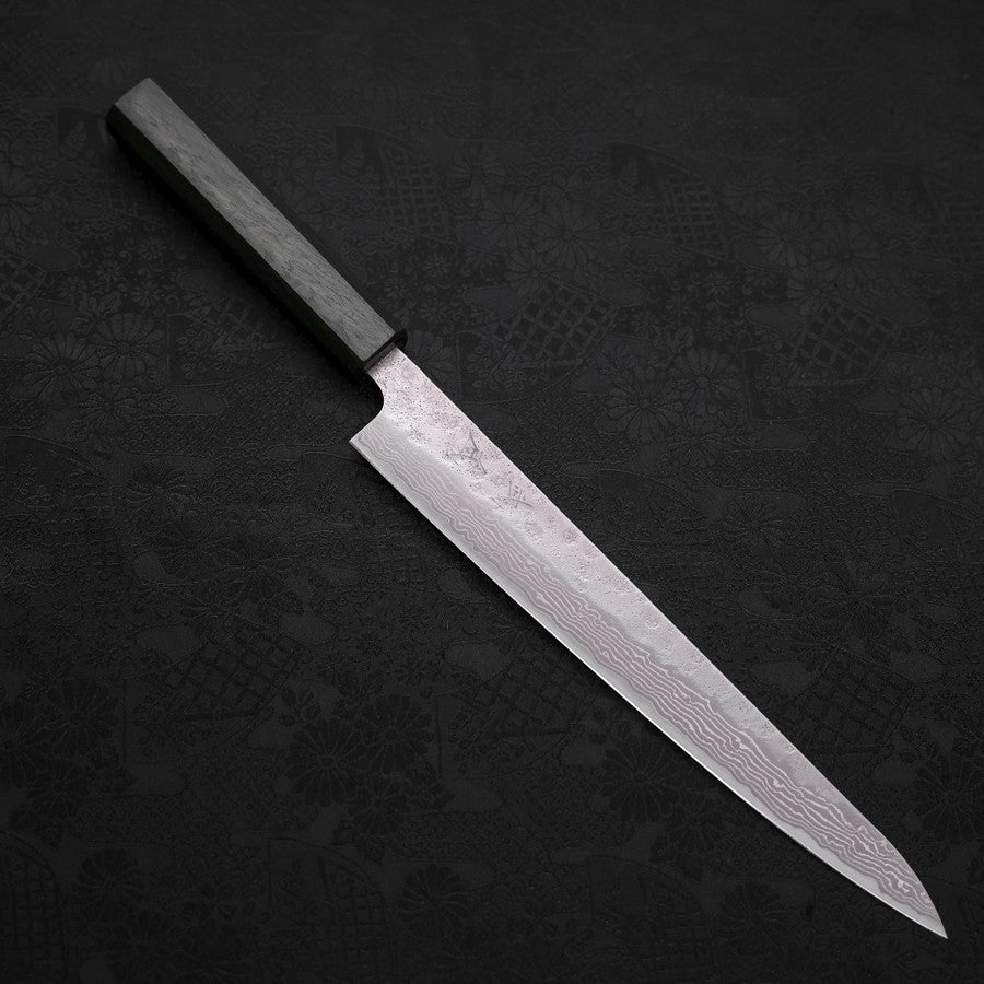 Premium Japanese Sujihiki Knife 240mm - AUS 10 Steel, Nashiji Damascus Pattern with Green Urushi Handle - Perfect for Sushi, Sashimi & Meat Slicing