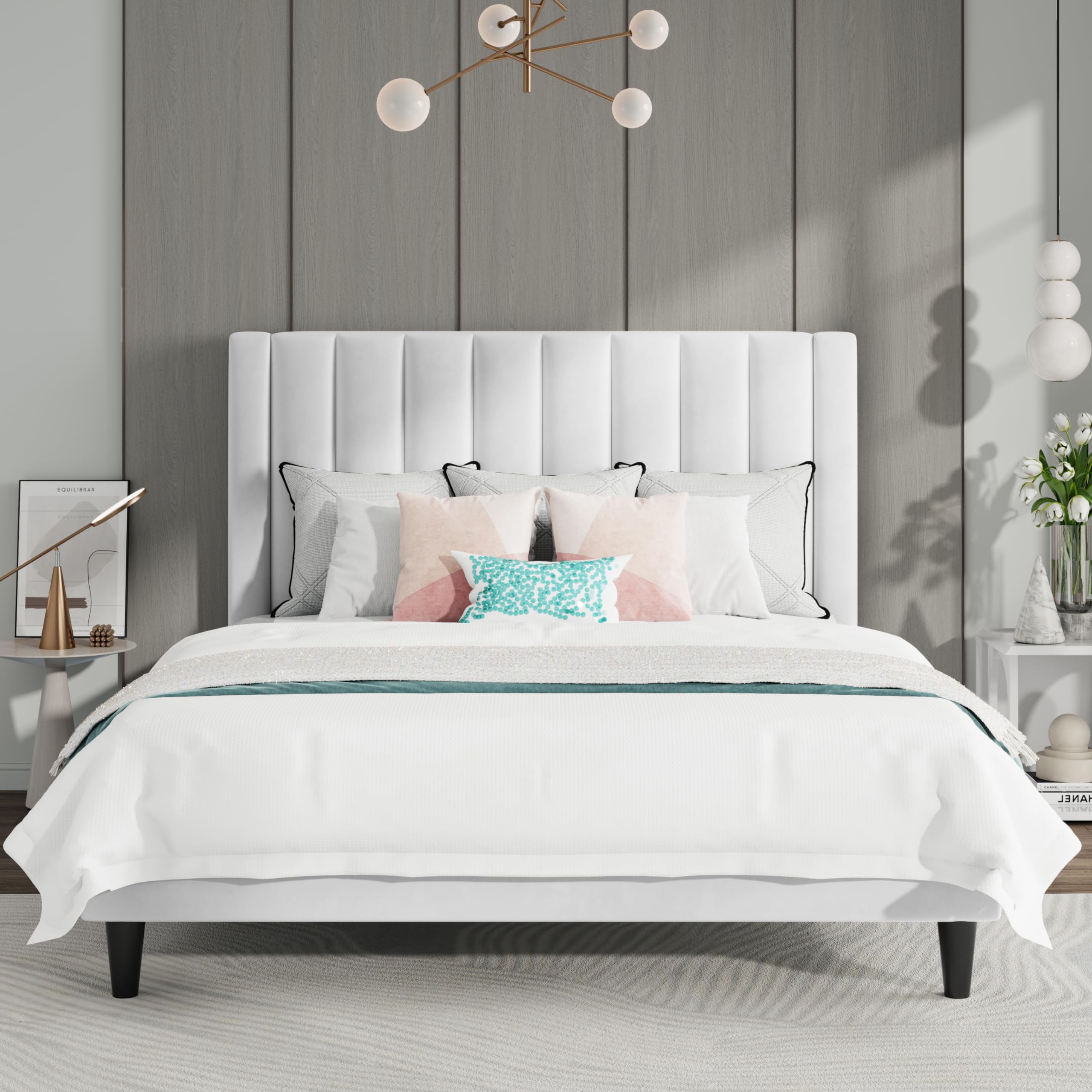 SHA CERLIN Full Bed Frame - Velvet Upholstered Platform Bed with Headboard | Strong Wood Slats Support | No Box Spring Needed | Easy Assembly | White | Perfect for Modern Bedrooms, Guest Rooms & Small Apartments