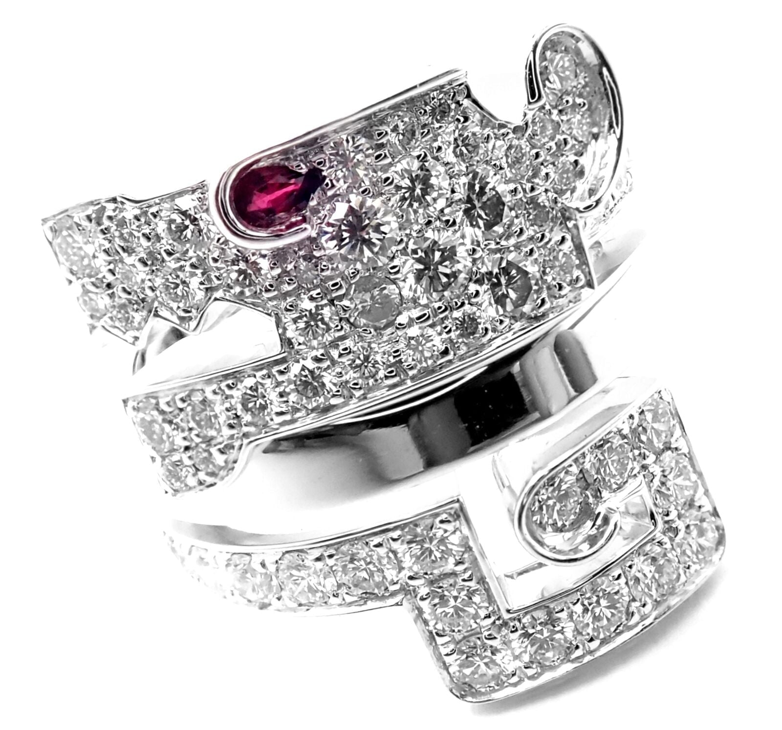 Authentic Cartier Le Baiser Du Dragon 18k White Gold Diamond Ruby Ring - Luxury Jewelry for Women, Elegant Gift for Anniversary & Special Occasions