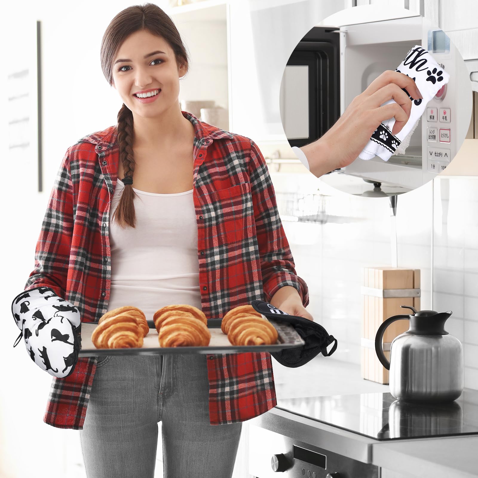 Premium 4-Piece Kitchen Set - Dish Towels, Pot Holders & Oven Mitts for Baking - Cat Lover Theme - Black & White Cotton Kitchen Accessories - Perfect for Home Cooking, Holiday Gifts & Kitchen Decor