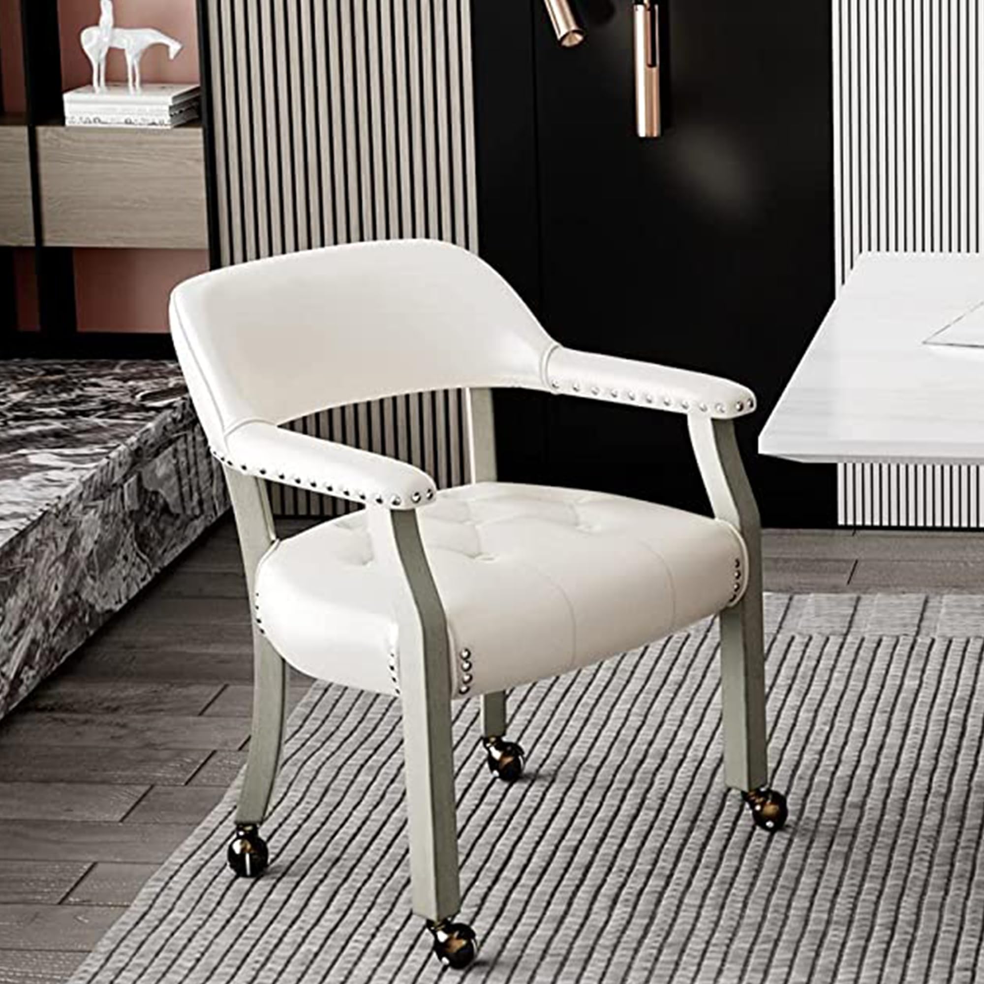 White High Back Dining Chair with Casters - Rolling Kitchen & Poker Table Chair, Adjustable Captain's Chair for Dinette Sets | Perfect for Home Kitchen, Office, and Game Rooms