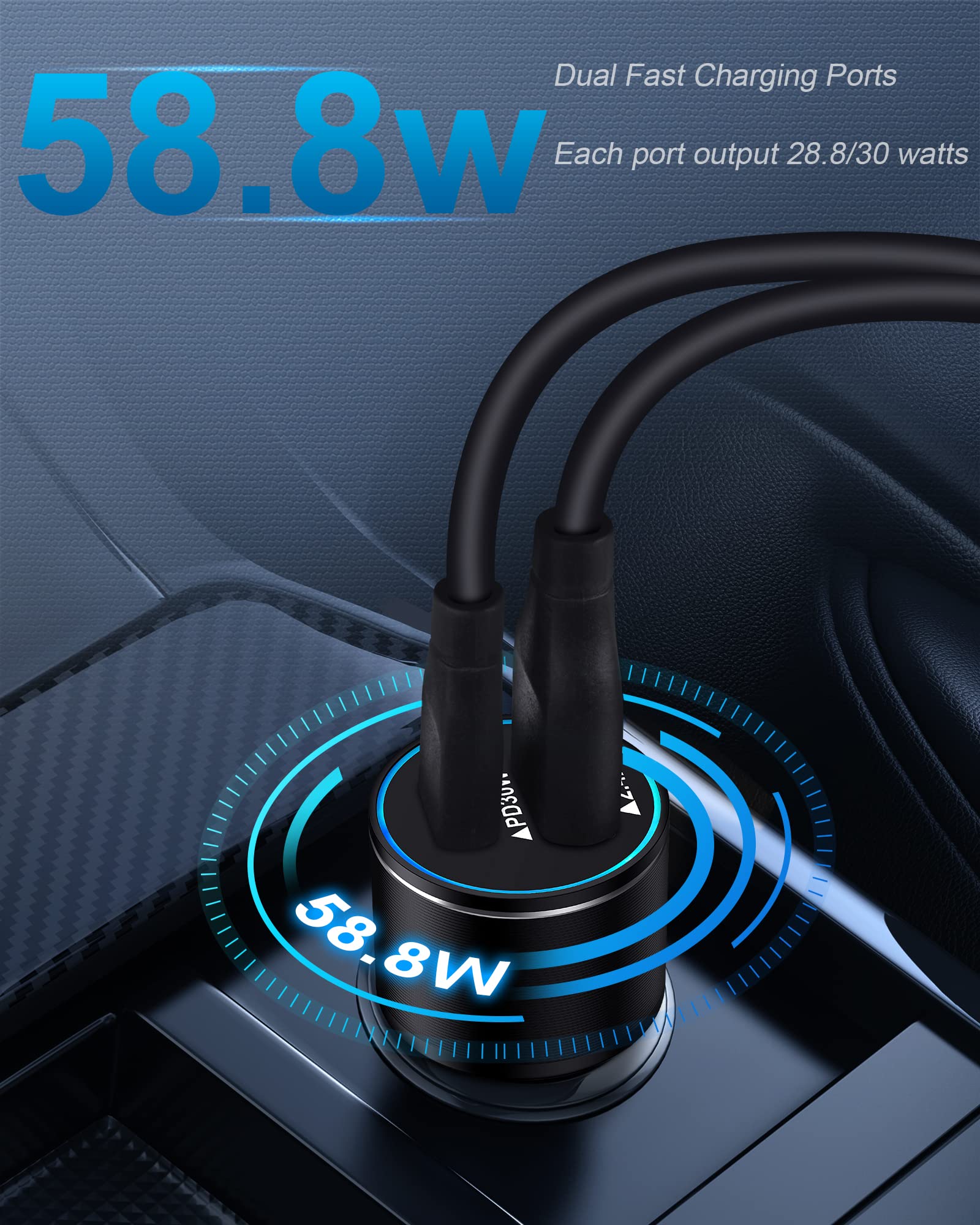 58.8W USB C Car Charger with Cigarette Lighter - Fast Charging Power Adapter for iPhone 15, Samsung Galaxy, Android Phones | 12V Outlet Plug for Travel & Automobile | Perfect for Road Trips, Commuting & Emergency Charging
