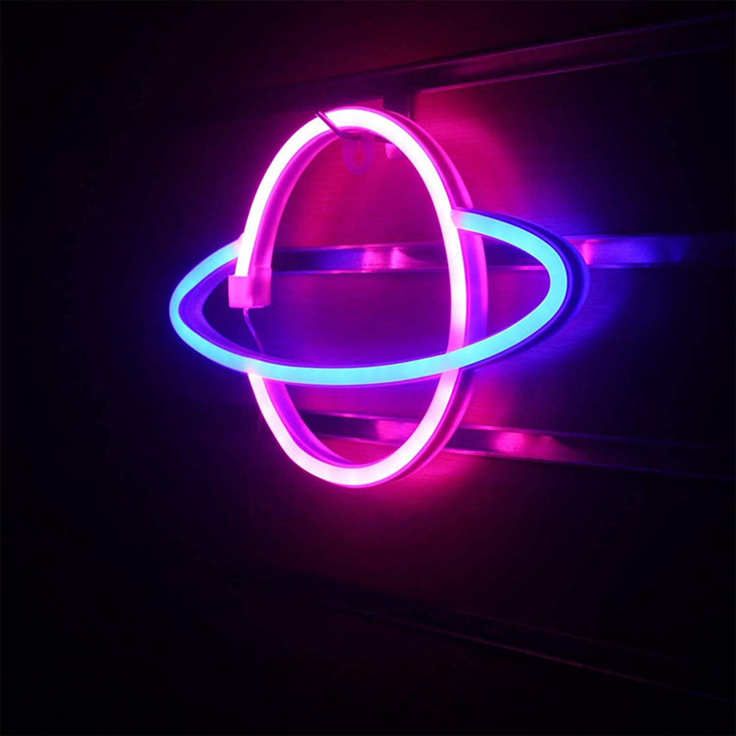 WONFAST LED Neon Sign - Planet Rocket Acrylic Night Light with Battery/USB Power, Wall Decor for Kids Room, Christmas, Birthday & Wedding Party (Pink/Blue) - Perfect for Bedroom, Nursery, Game Room & Home Decoration