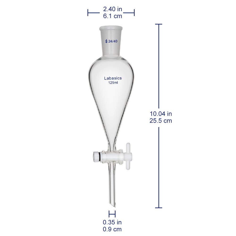 Labasics 125ml Borosilicate Glass Conical Separatory Funnel with PTFE Stopcock - 125mL Lab Equipment for Chemical Extraction, Liquid Separation & Organic Chemistry Experiments