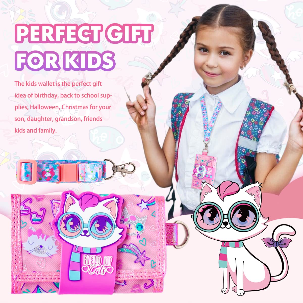 Cute Cartoon Cat Wallet for Girls Ages 5-12 - Kids Trifold Wallet with Lanyard - Perfect Gift for Little Girls & Teens - Ideal for School, Shopping & Travel Accessories