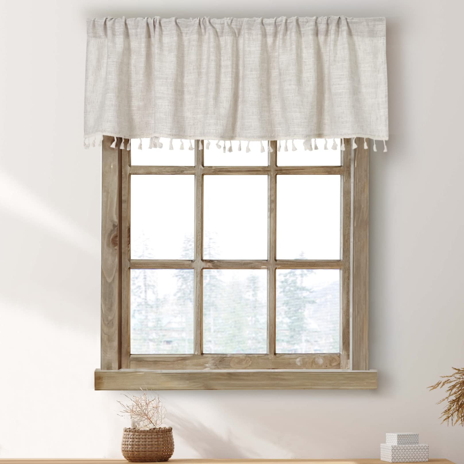 2 Pack Boho Tassel Kitchen Valances - 55x15 Inch Natural Cotton Linen Window Curtain Toppers for Modern Farmhouse, Rustic Country & Bohemian Decor - Perfect for Small Windows in Kitchen, Bathroom & Living Room