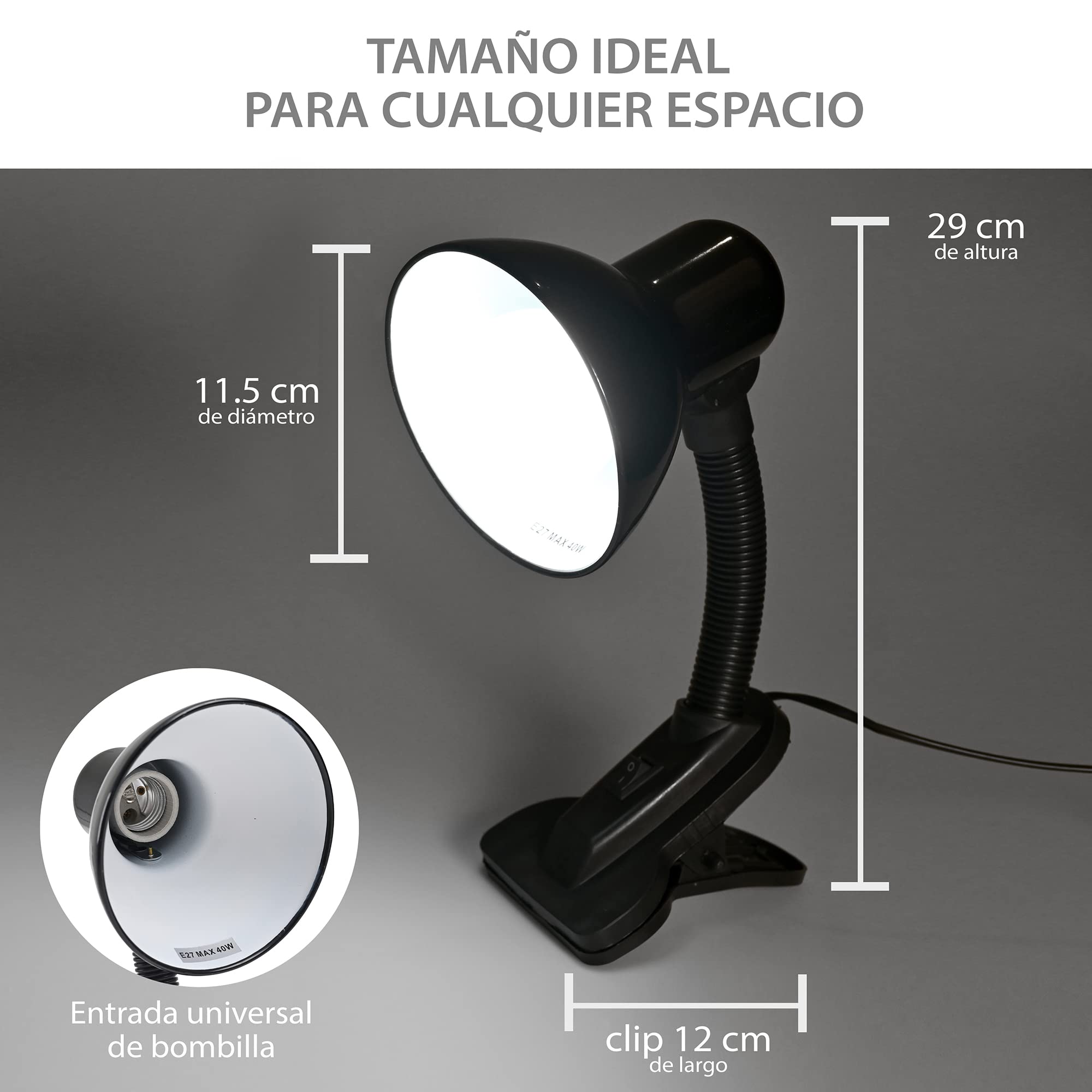 Clip-On Desk Lamp with 10W LED Bulb - Portable Reading Light for Study, Office & Bedroom - E27 Socket, 40W Max, Black - Perfect for Night Reading, Home Office & Dorm Room Lighting