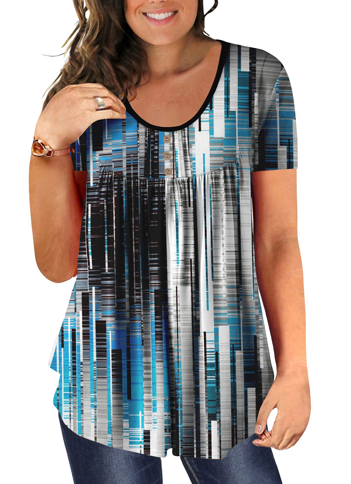 Girdtyd Women's Plus Size Floral Pleated Button Up Tunic Top - Long Sleeve Henley Casual Shirt for Work, Office & Everyday Wear