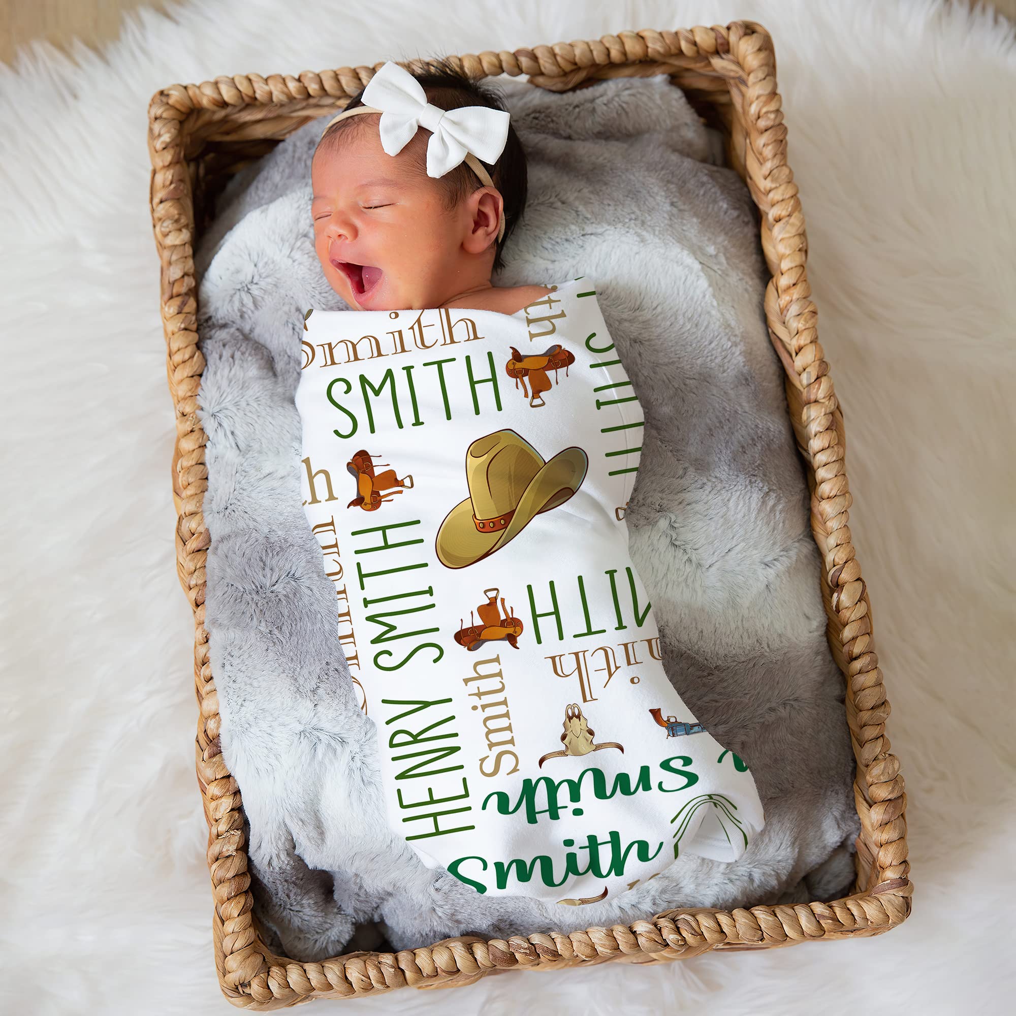 Personalized Cowboy Western Green Monogram Baby Blanket with Name - Western Nursery Theme Crib Blanket, Swaddle & Horse Design for Newborn Boys - Perfect for Cowboy-Themed Nurseries, Baby Showers & Western Gift Ideas