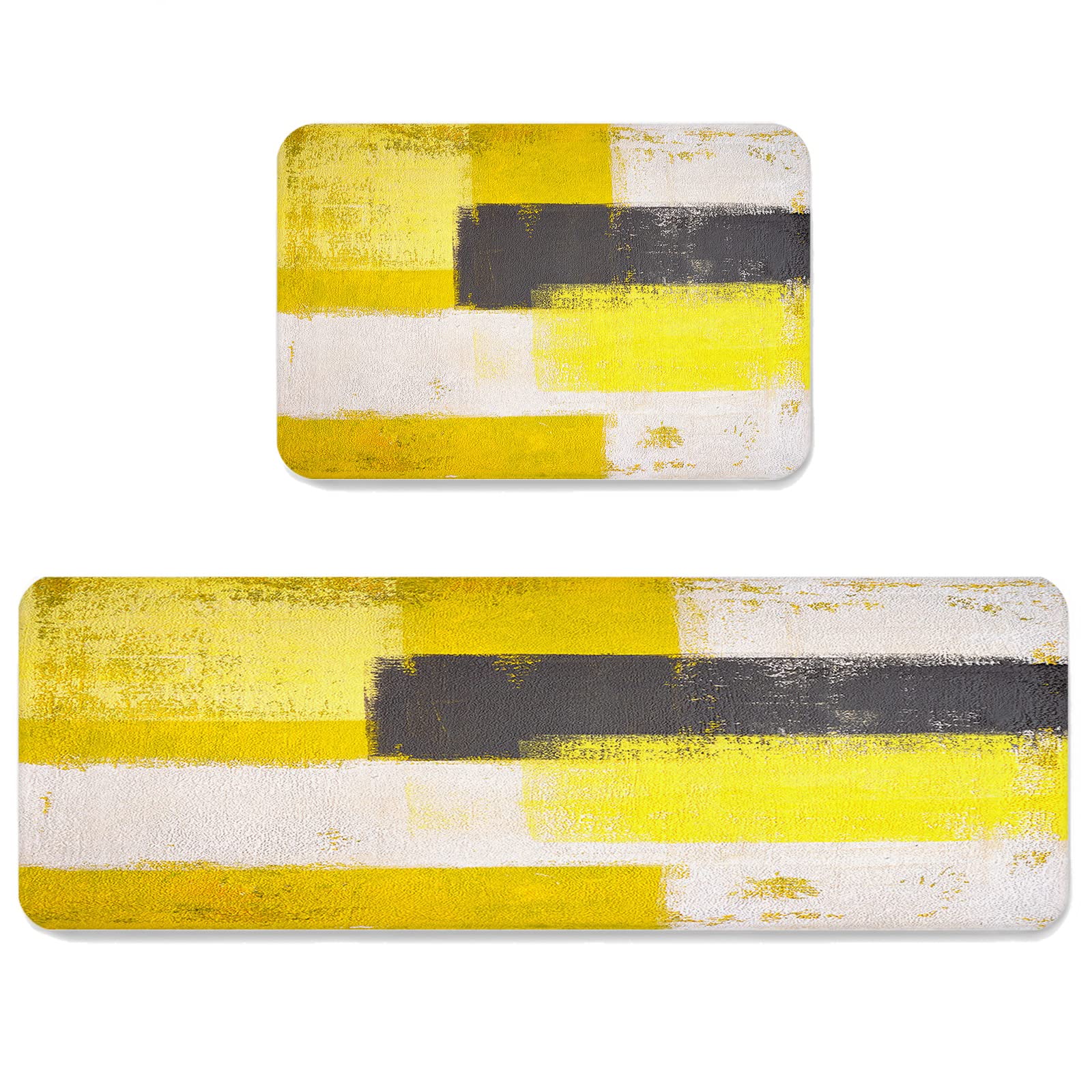 Non-Slip Yellow Gradient Color Block Watercolor Kitchen Mats 2-Pack - Absorbent Floor Runner Rugs for Comfortable Standing - Abstract Geometric Oil Painting Art Design - Perfect for Bathroom, Living Room & Kitchen Use