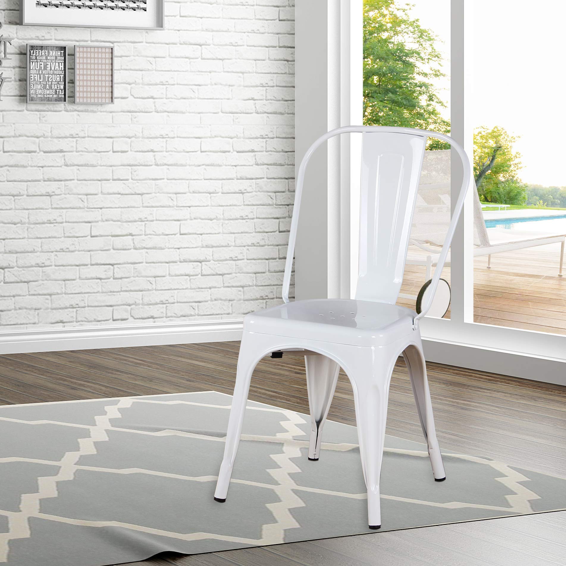 4-Piece Navy Blue Metal Patio Dining Chairs Set - Farmhouse Style Indoor/Outdoor Iron Chairs for Restaurant, Beach Cafe & Backyard (White) - Perfect for Outdoor Dining, Poolside Lounging & Garden Decor