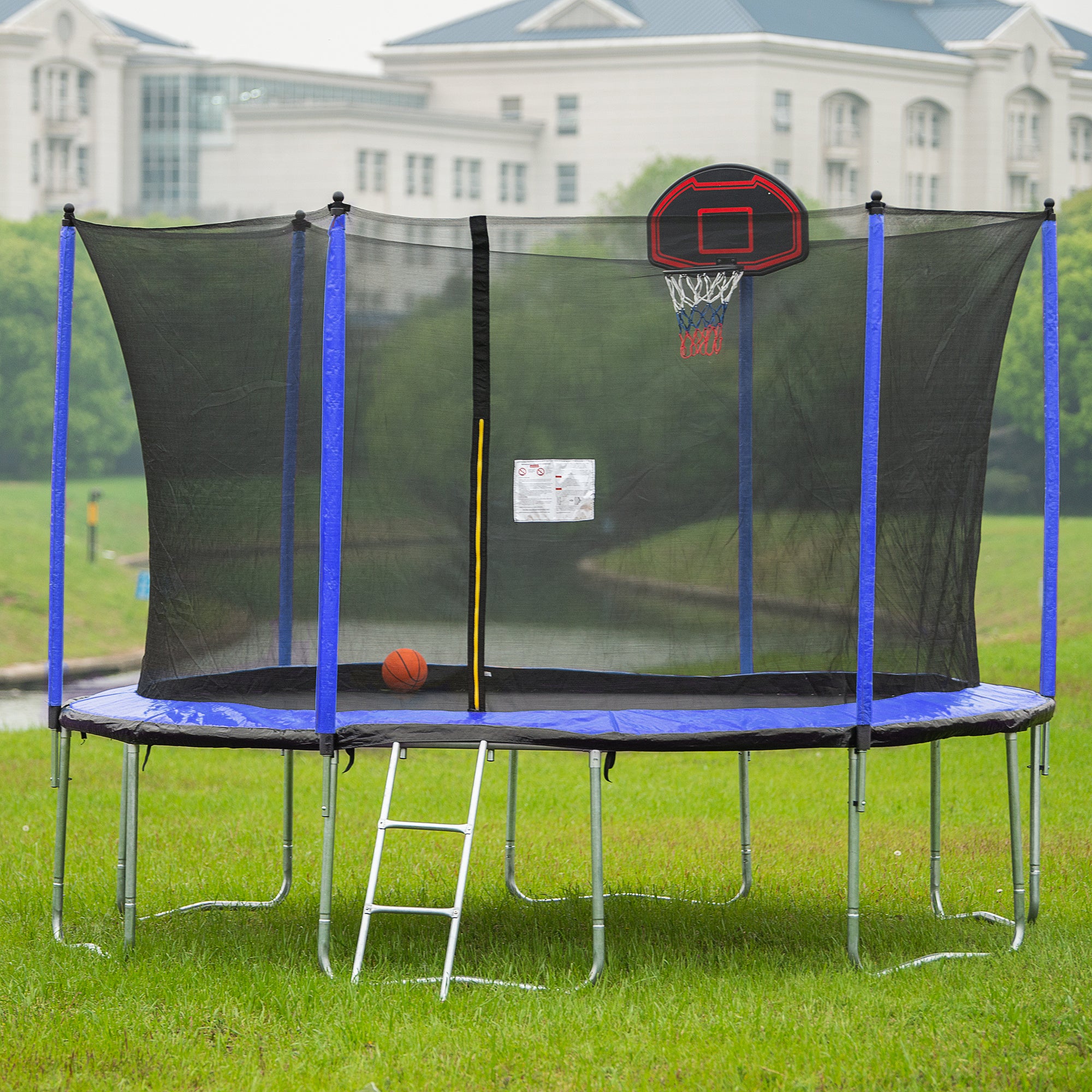 15FT Trampoline with Basketball Hoop, Air Pump & Ladder - Blue Safety Enclosure for Outdoor Family Fun & Backyard Exercise