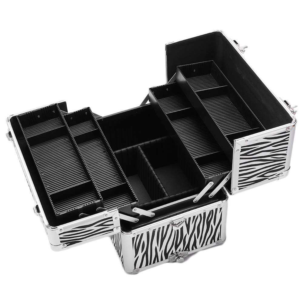 3 in 1 Professional Rolling Train Case - Aluminum Makeup Train Case with 4 Removable Wheels & Lockable Keys | Multifunctional Cosmetic Organizer for Artists, Makeup Professionals & Travel | White Zebra Design