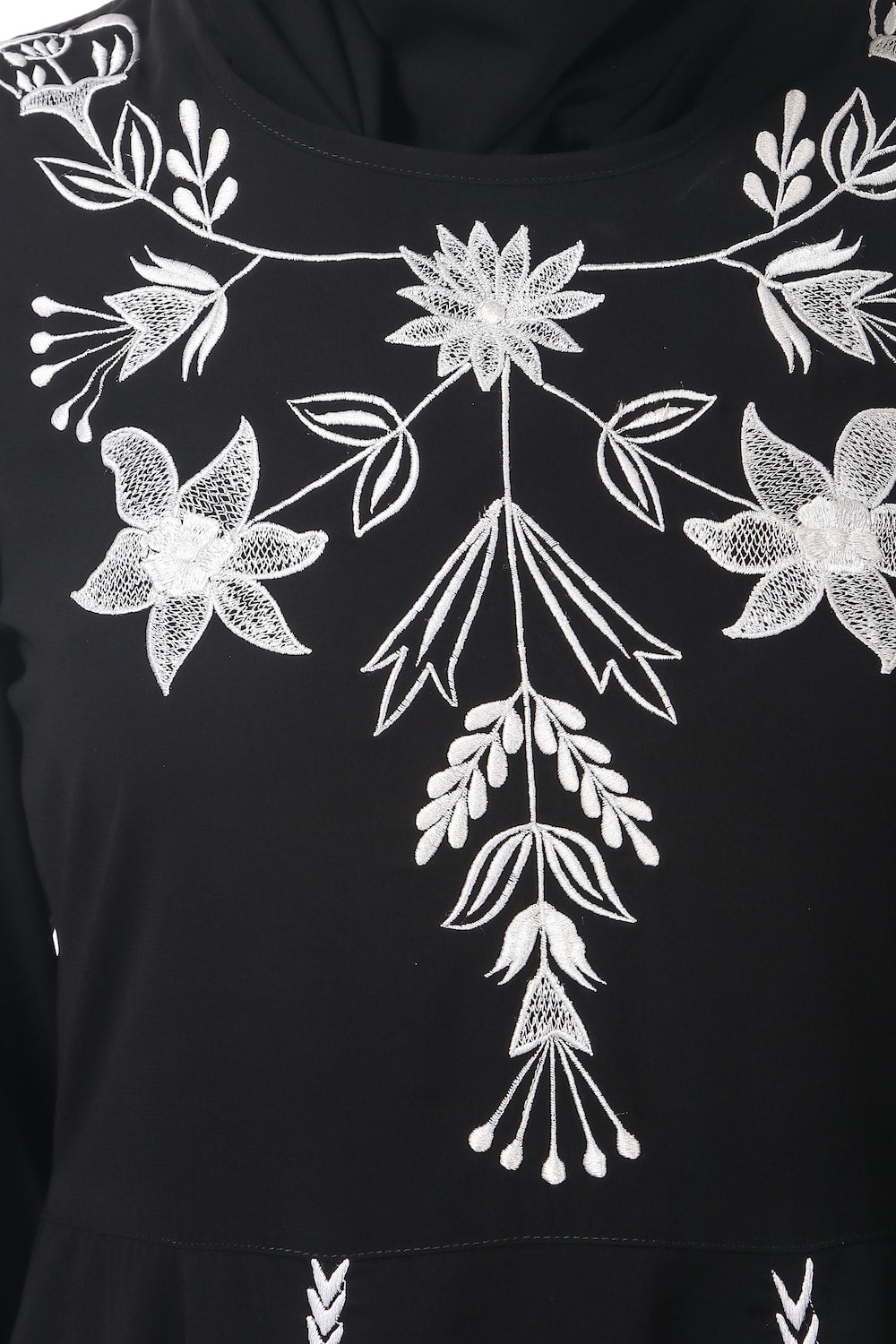 Elegant Black Abaya with White Embroidery - Traditional Anarkali Style Islamic Dress for Women - Perfect for Eid, Ramadan, Weddings & Special Occasions