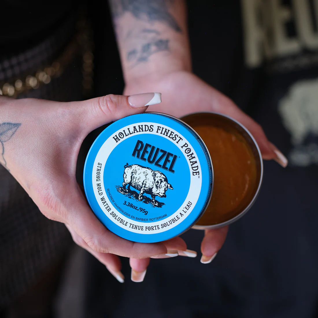 Reuzel Blue Pomade - Strong Hold Hair Styling Wax for Men - Classic Slick Back, Pompadour & Undercut Hairstyles - All-Day Shine & Control - Perfect for Barbershops, Weddings & Formal Events