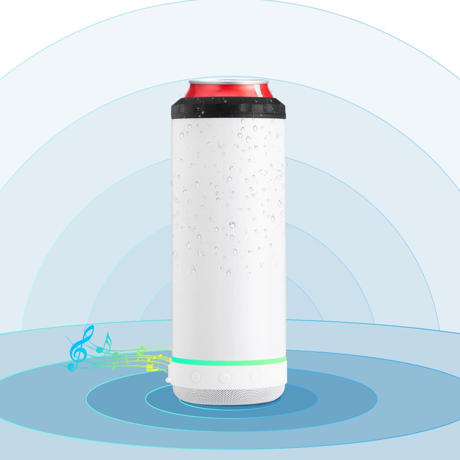 INSTOME 4-in-1 Sublimation Can Cooler with Bluetooth Speaker - 16oz Insulated Music Can Cooler with Detachable LED Light - Perfect for Summer Beach Parties, Poolside Drinks & Outdoor BBQs (White)
