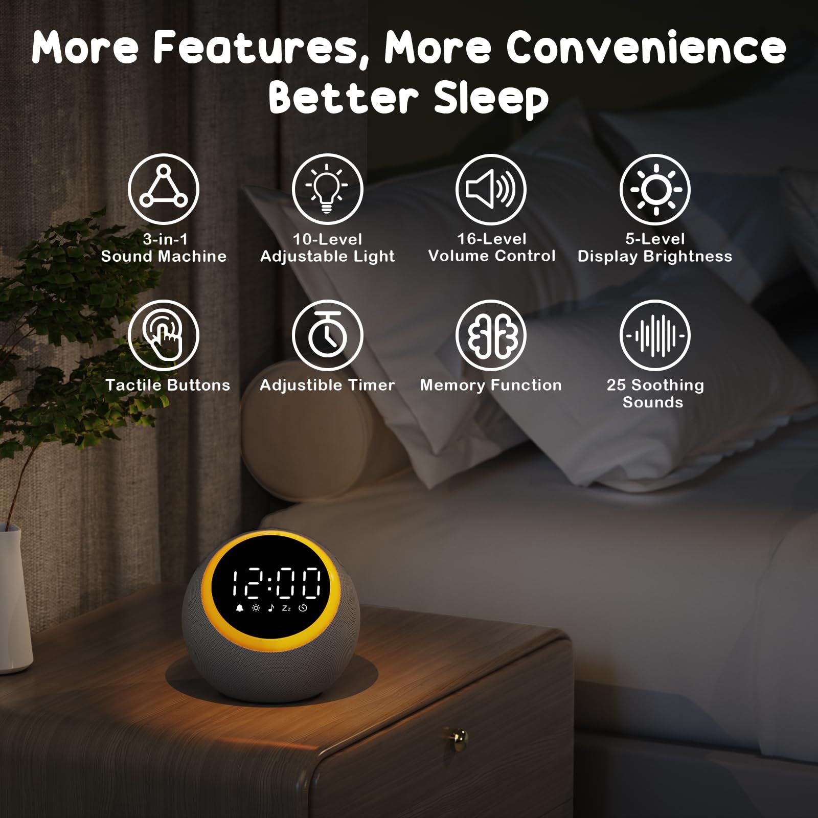 Rohent White Noise Sound Machine with Nightlight & Alarm Clock - 25 Soothing Natural Sounds, Adjustable Volume & Timer - Sleep Aid for Babies, Kids & Adults - Perfect for Nursery, Office, Meditation & Better Sleep