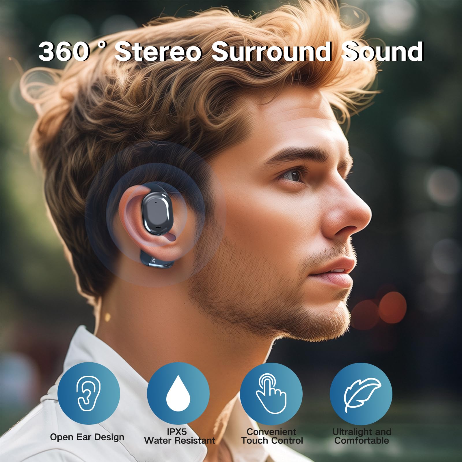 ZIHNIC Open-Ear Wireless Bluetooth Headphones with Microphone, Comfortable Ear Hooks, 28H Battery Life, IPX5 Waterproof, Compatible with iPhone & Android Phones (Black) - Perfect for Running, Workouts, and Outdoor Activities