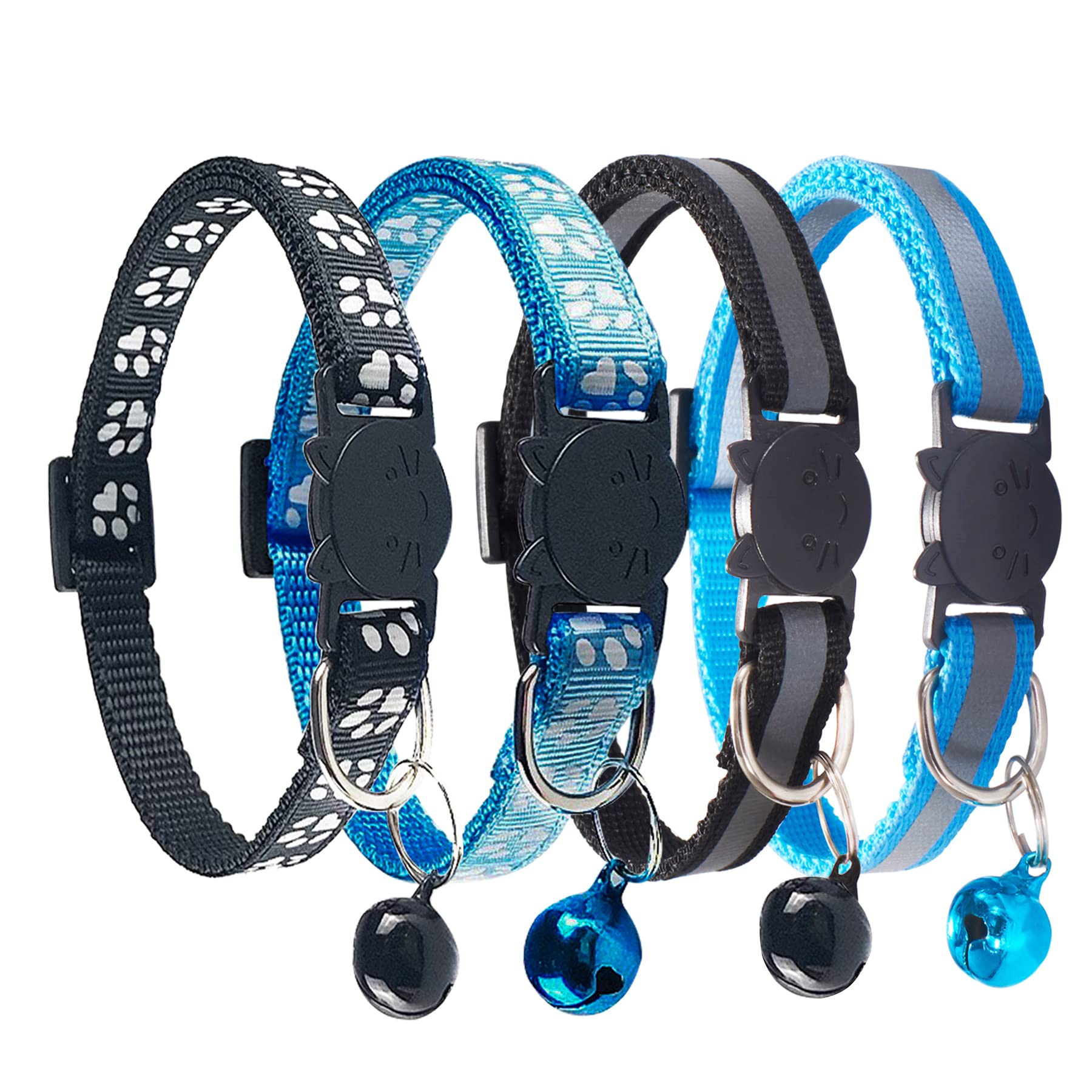 Breakaway Cat Collars with Bell - Reflective & Nylon Pet Collars for Cats & Puppies (2 Black + 2 Sky Blue) - Safe & Stylish for Day & Night Use