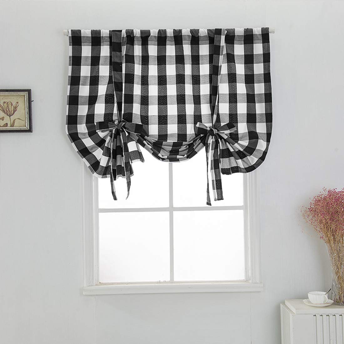 Buffalo Check Plaid Balloon Drape Gingham Shade Tie-Up Roman Valance - Rod Pocket Semi Blackout Curtain Panel (63