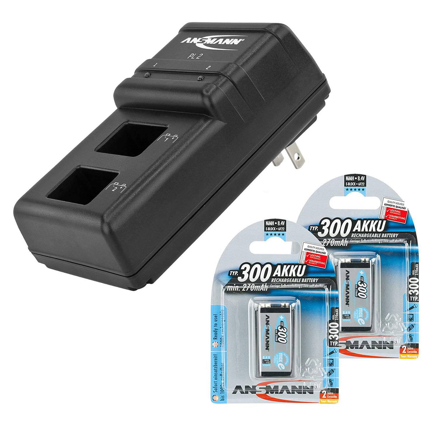 ANSMANN 9V Battery Charger Powerline 2 - Dual Bay Charger for NiMH/NiCd Rechargeable 9V Batteries with 2-Pack 300mAh Batteries Included - Perfect for Smoke Detectors, Guitar Pedals, and Electronic Toys