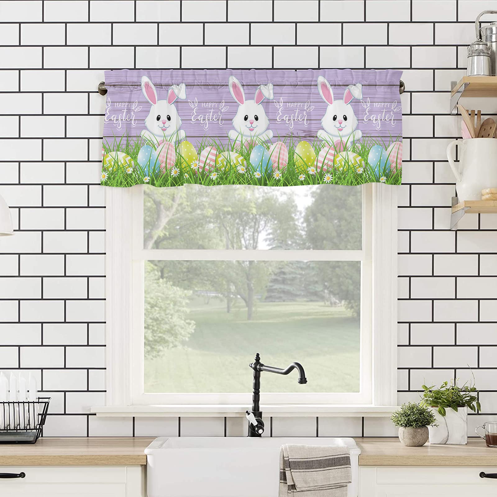 Farmhouse Bunny Easter Egg Short Curtain Panels with Rod Pocket - Spring Meadow Floral Purple Wood Window Valances for Kitchen, Living Room & Bedroom Decor - Perfect for Easter, Spring & Farmhouse Style Home Decor