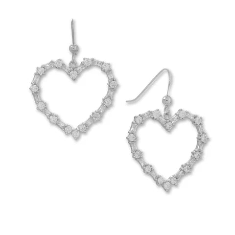 Sterling Silver Rhodium Plated Cubic Zirconia Heart Outline Earrings for Women - Elegant Dangle Drop Earrings for Valentine's Day, Anniversary, Wedding & Special Occasions