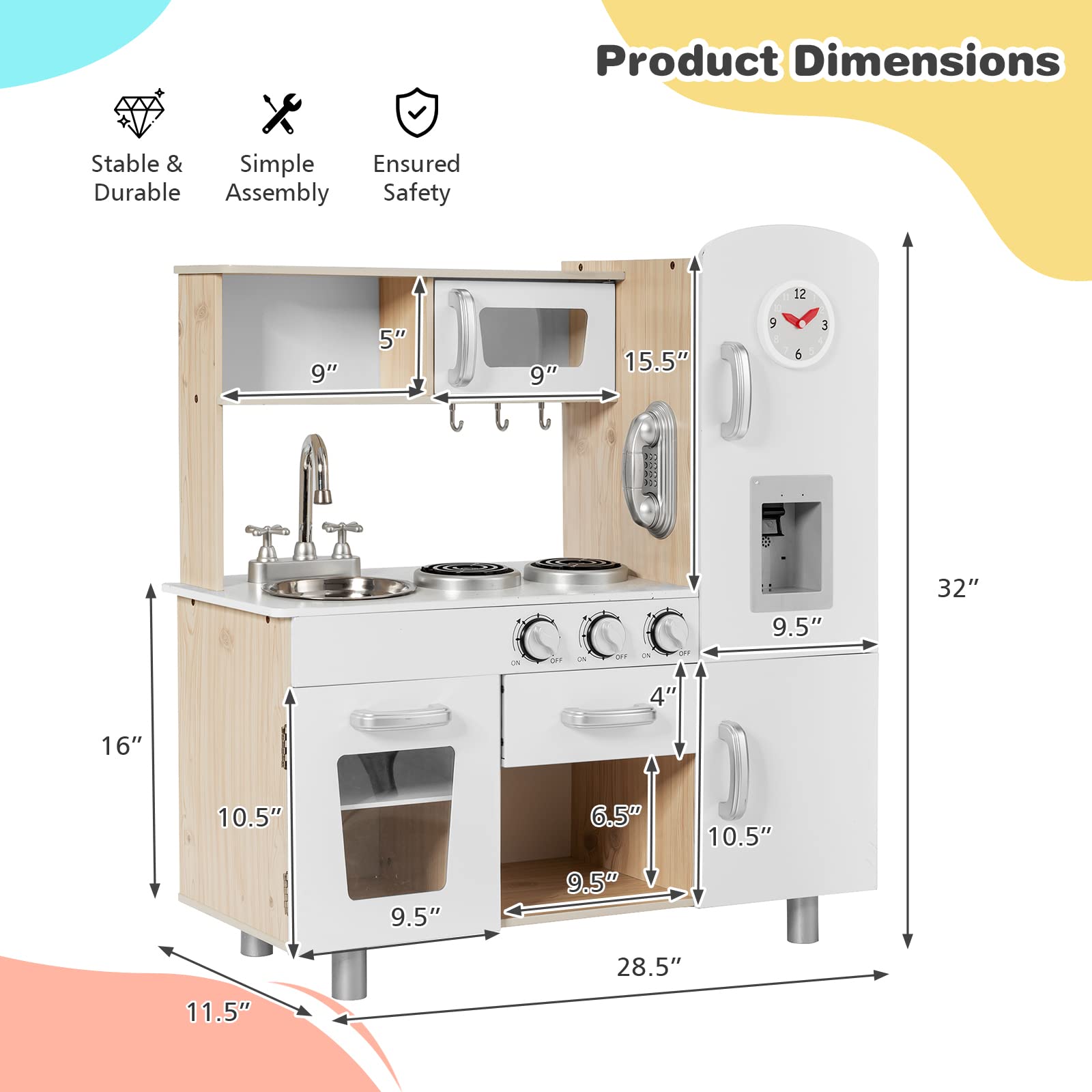 OLAKIDS Wooden Play Kitchen Set for Toddlers - Pretend Play Toy with Lights, Sounds, Water Dispenser, Fridge & Microwave - Educational Cooking Gift for Boys & Girls - Perfect for Home, Preschool & Daycare Role Play Activities