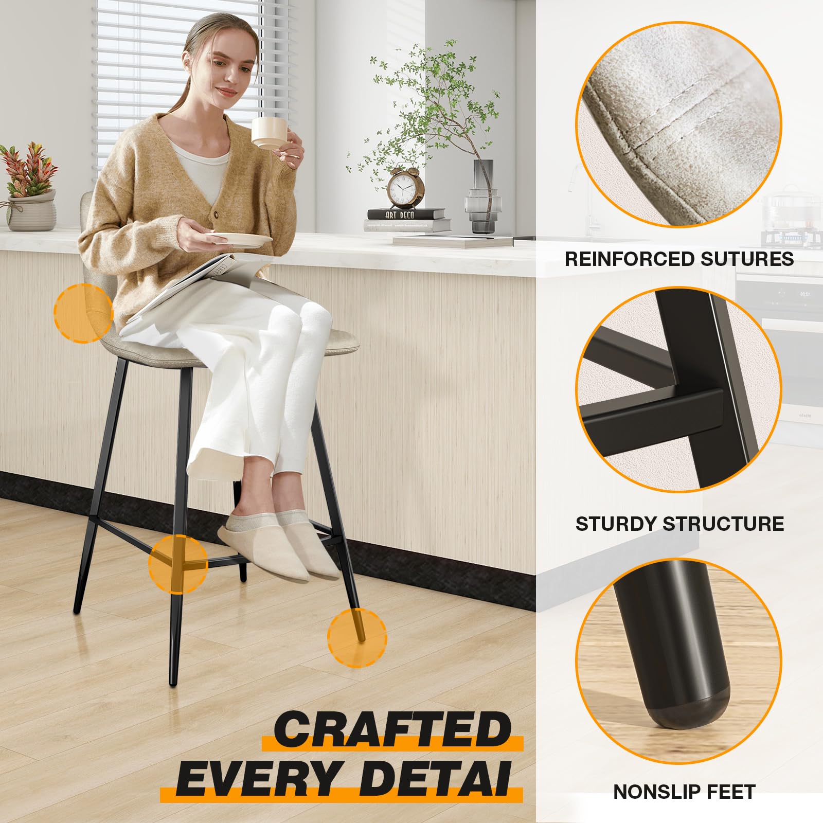 5Rcom Set of 3 600 lbs Capacity Counter Height Bar Stools - 24 Inch Leatherette Bar Stools with Back Support & Sturdy Metal Legs - Perfect for Kitchen Island, Dining Room, Party Room & Restaurant (Beige) | Modern Seating Solution for Home Bars, Breakfast Nooks & Commercial Spaces