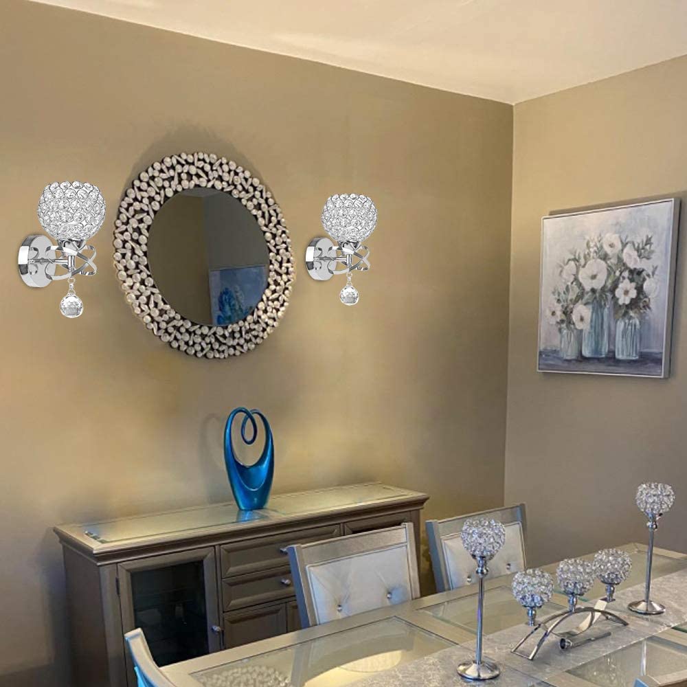 Modern Crystal Wall Sconce with Hanging Crystal Ball - Silver Wall Mount Lamp for Bedroom, Living Room & Hallway | Elegant Lighting Fixture for Home Decor, Bedside Reading & Ambient Illumination