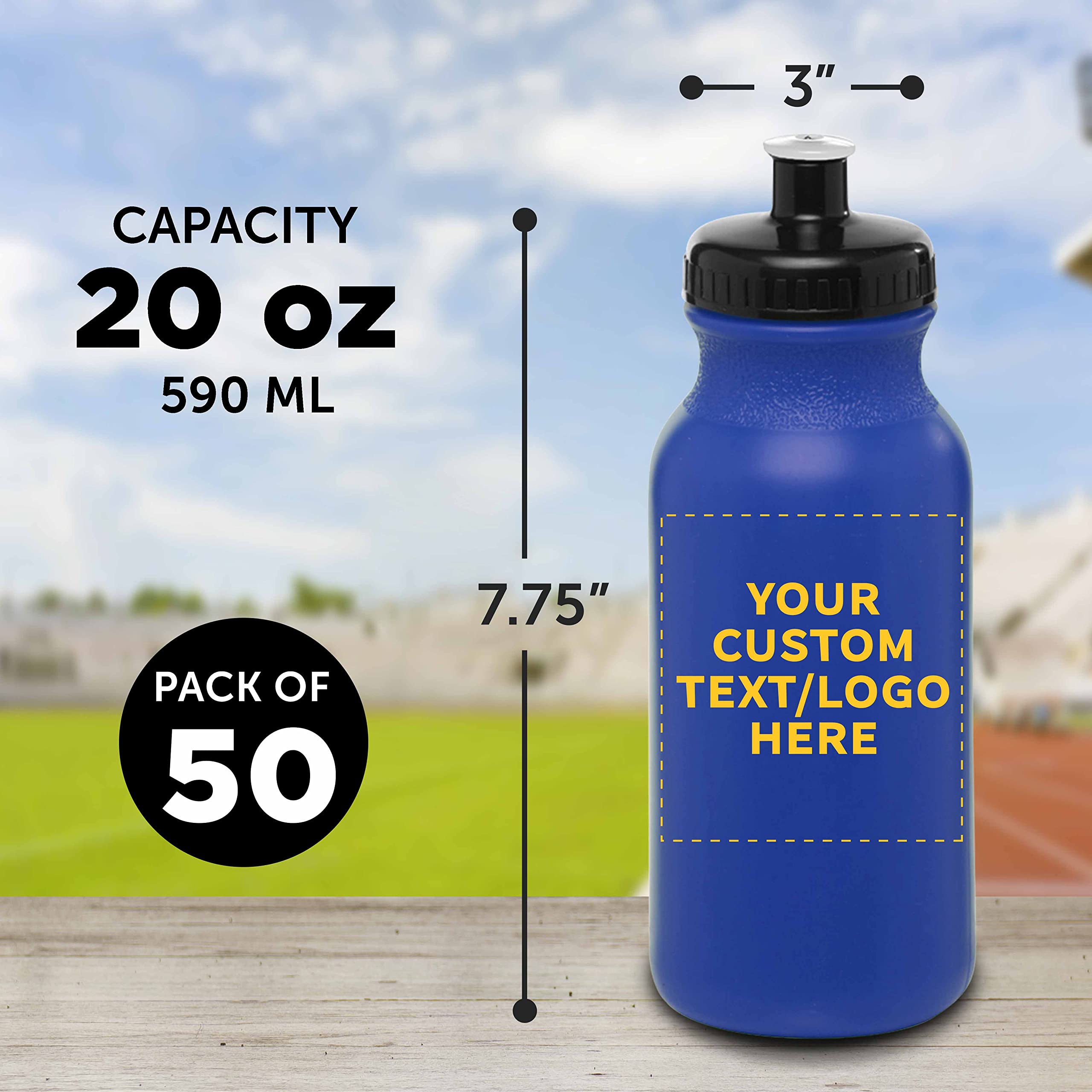 **Custom 20 oz. Water Bottles with Push Cap - Bulk Pack of 50 - Personalized Gym, Hiking & Camping Accessories - Reflex Blue - Ideal for Outdoor Sports & Team Events**