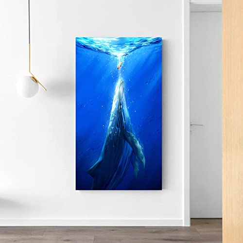 Modern Love Blue Galaxy Whales and Girl Playing in the Sea Framed Canvas Print - 16x24 Inch Wall Art for Bedroom, Living Room & Home Decor - Perfect for Nursery, Office or Gift