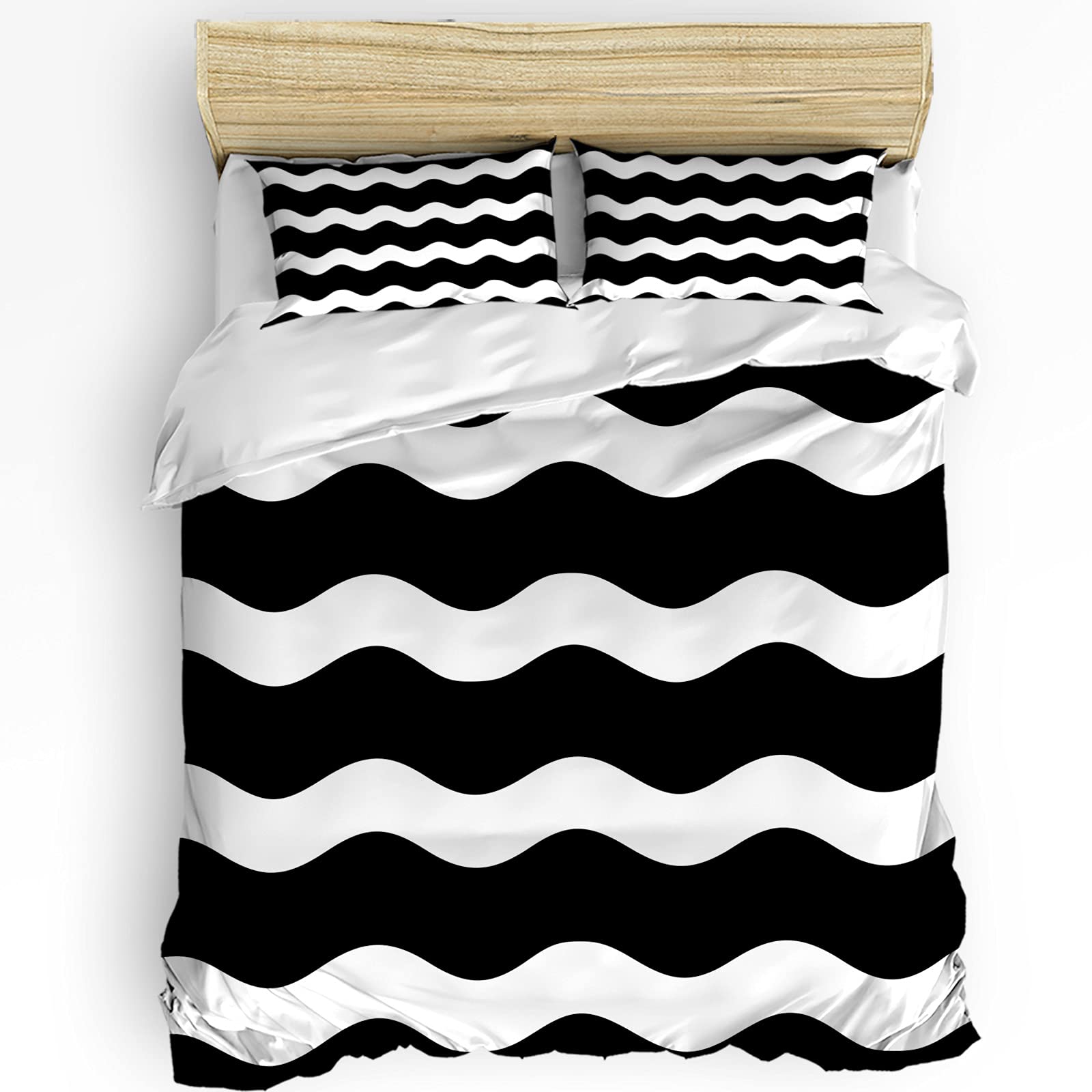 Custom Geometric Washed Microfiber Duvet Cover Set 3-Piece Twin Size - Ultra Soft Bedding with Zipper Closure, Black & White Wave Stripes (Comforter Not Included) - Perfect for Modern Bedrooms, Guest Rooms & Dorm Decor
