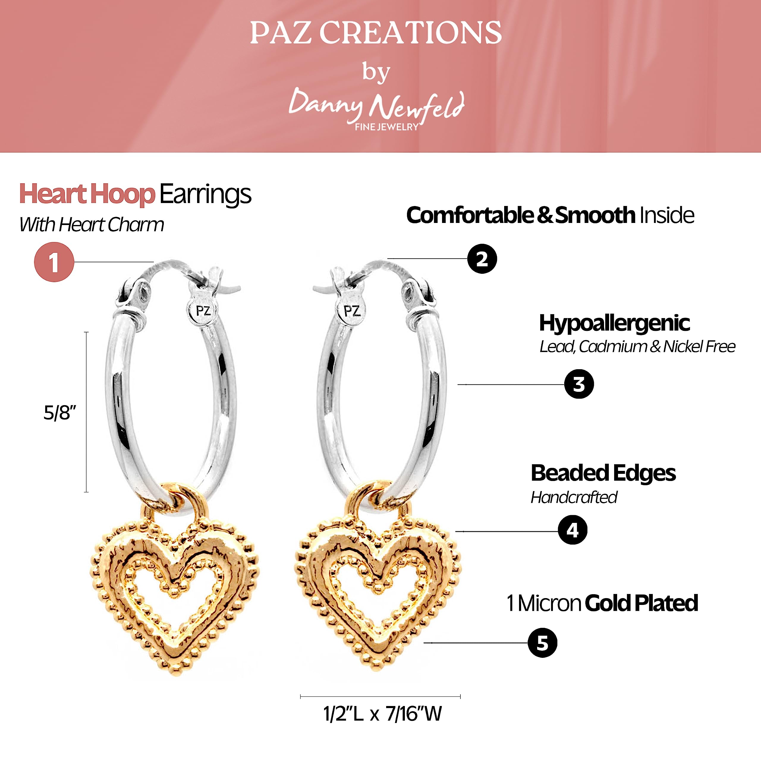 925 Sterling Silver Heart Hoop Earrings with Heart Charm - Hypoallergenic Dainty Hoops for Women & Girls | Trendy Gold/Rose Gold/Silver Jewelry by Paz Creations | Perfect for Valentine's Day, Date Night & Everyday Wear