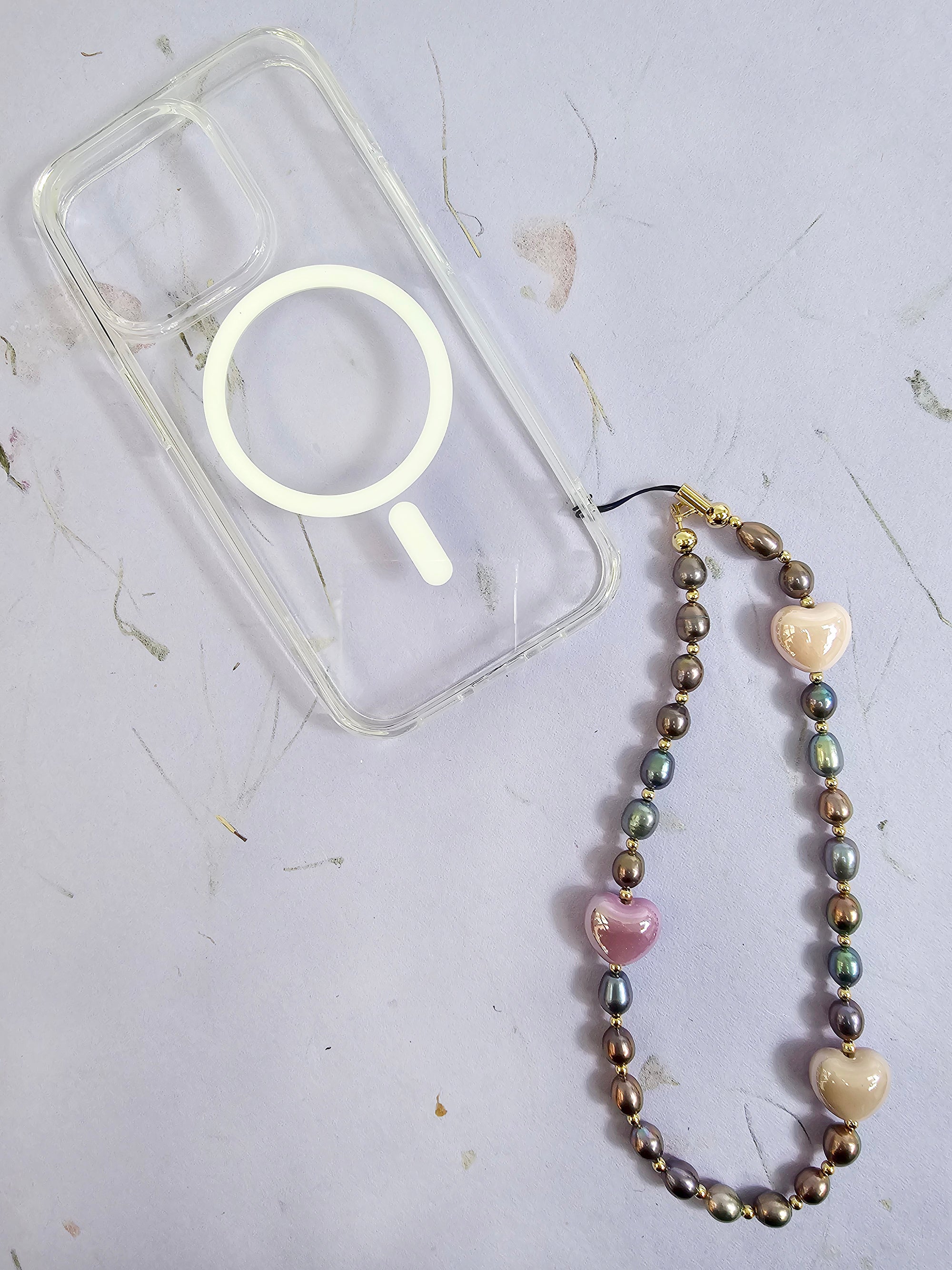 Elegant Purple Freshwater Pearl with Pink Heart Charm Phone Strap - Perfect for Smartphones, Keychains & Gift Giving