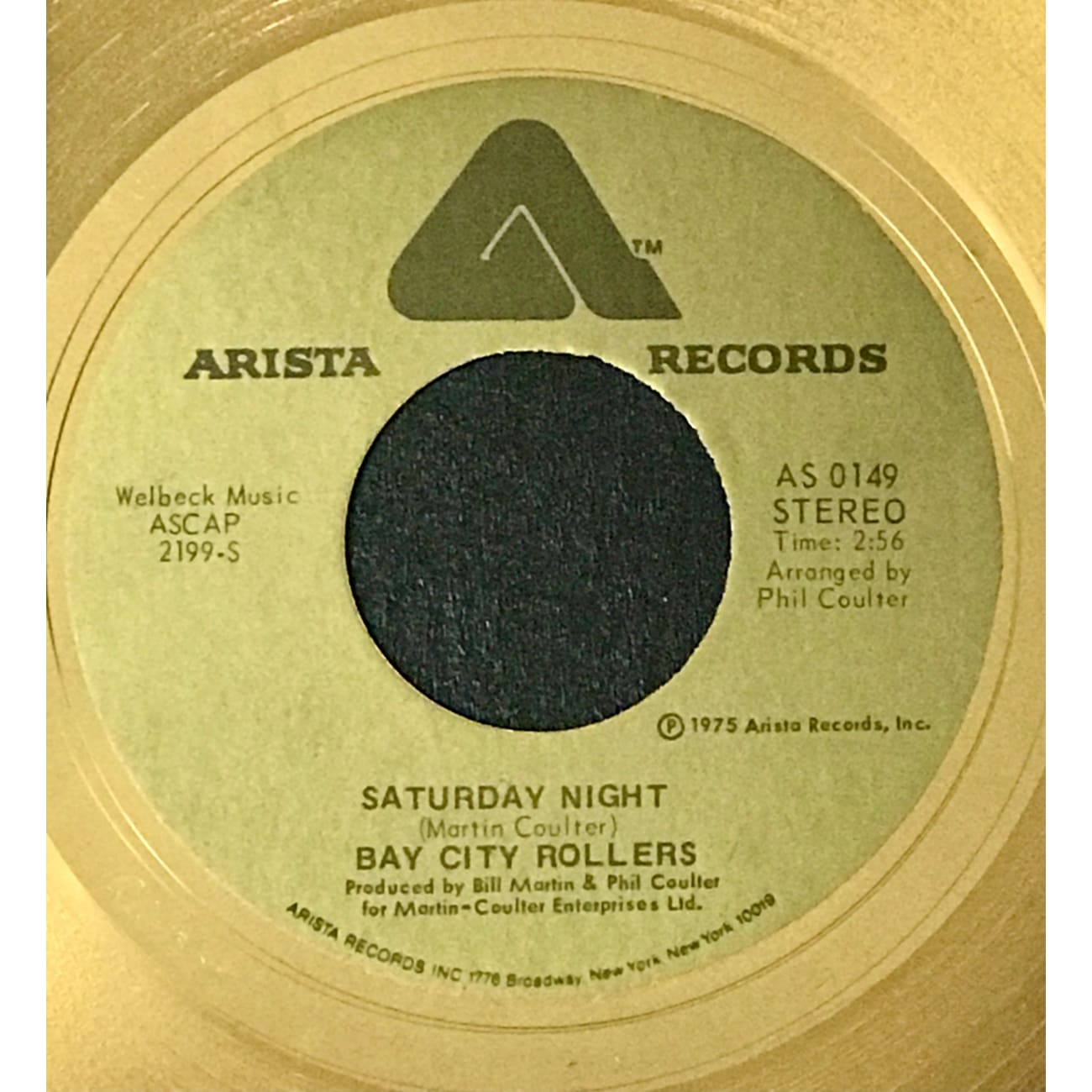Bay City Rollers Saturday Night RIAA Gold 45 Award - Vintage Music Collectible for Fans & Display
