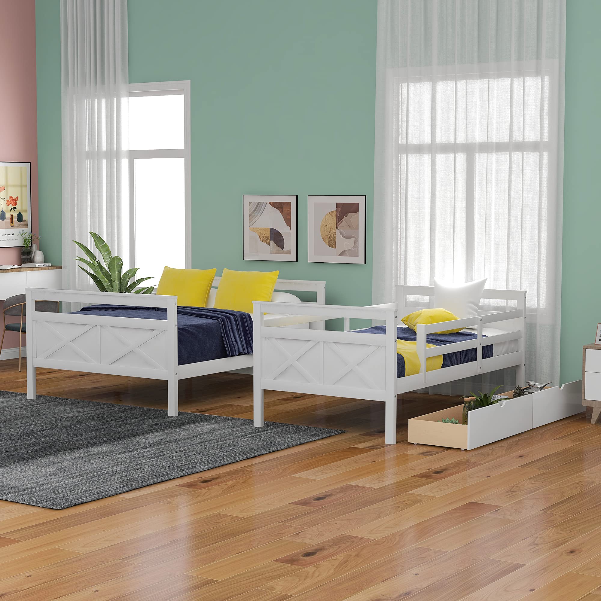 Convertible Wood Bunk Bed Twin Over Full Size with Storage Drawers - 2-in-1 Bed Frame with Ladder & Safety Guardrails - No Box Spring Needed - Perfect for Kids Rooms, Guest Rooms & Small Spaces (White)