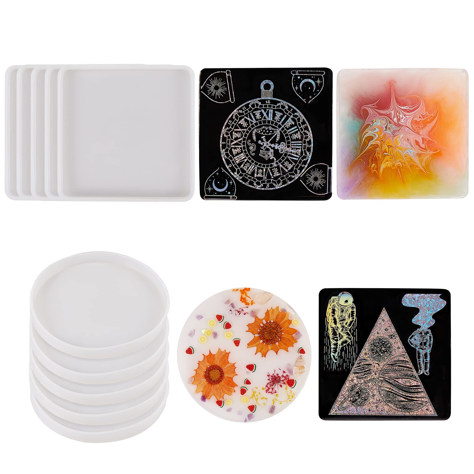 BEEFLYING 10-Piece Silicone Coaster Mold Set - 2 Styles (Square & Round) for DIY Resin Casting, Epoxy Cup Mats, Home Decor - Perfect for Crafting, Gift Making & Table Setting