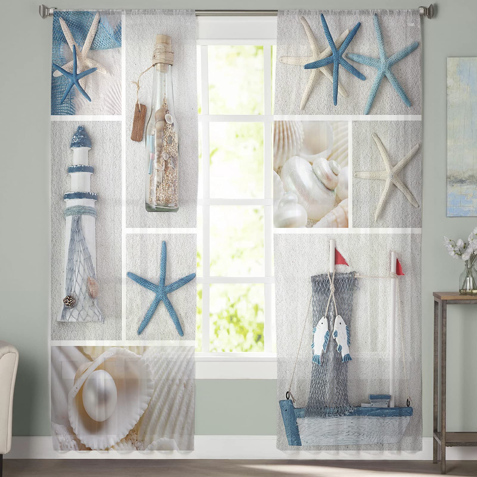 84 Inch Semi Sheer Curtains with Beach Sand Lighthouse & Starfish Design - Light Filtering Rod Pocket Drapes for Living Room & Bedroom (Set of 2 Panels) - Perfect for Coastal Decor, Vacation Homes & Nautical Theme Bedrooms