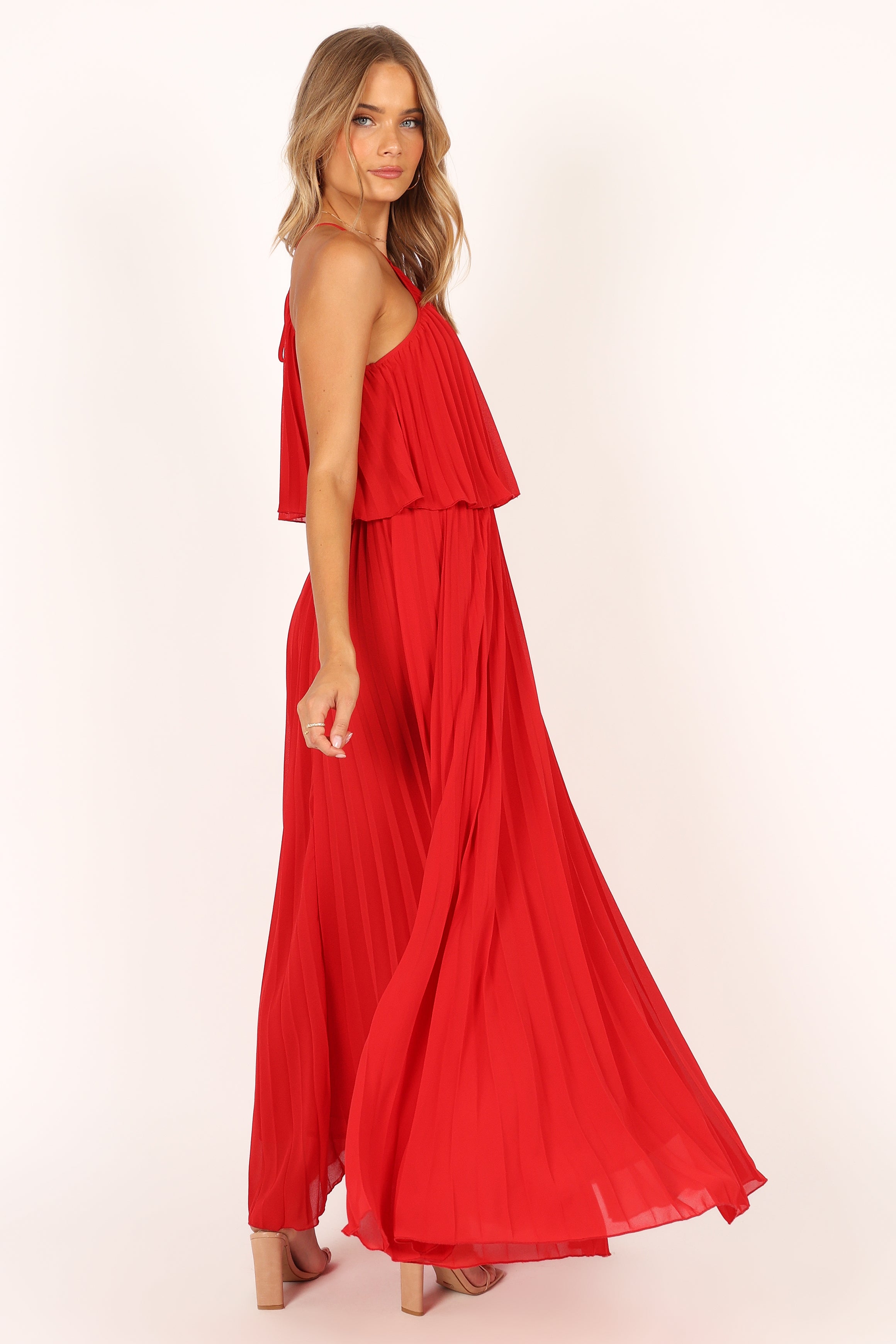 Gia Pleated Halterneck Maxi Dress - Red Flowy Summer Dress for Women, Beach Wedding Guest Outfit & Vacation Party Wear