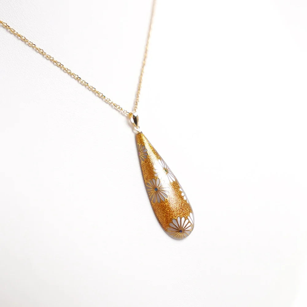 Handcrafted Japanese Maki-e Urushi Lacquer Pendant Necklace with White South Sea Pearl Shell & Chrysanthemum Design - Traditional Asian Jewelry for Women, Gift for Her, Wedding, Anniversary & Special Occasions