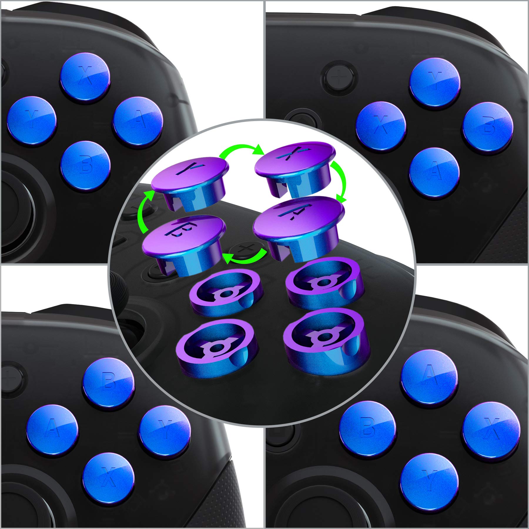 eXtremeRate Chameleon Purple Blue Interchangeable ABXY Buttons for Nintendo Switch Pro Controller - DIY Replacement Buttons Kit for NS Pro Controller (Controller Not Included) - Perfect for Gaming, Customization & Repair